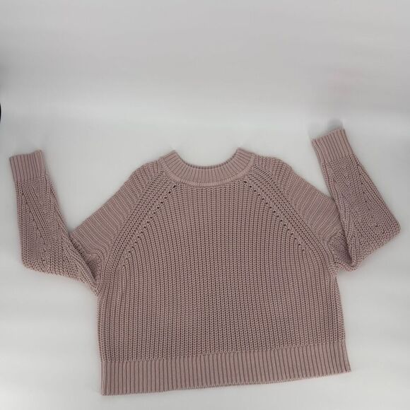 Express Pink Chunky Knit Fisherman Sweater Large Balloon Sleeve Ribbed Boho Cozy - Picture 2 of 9